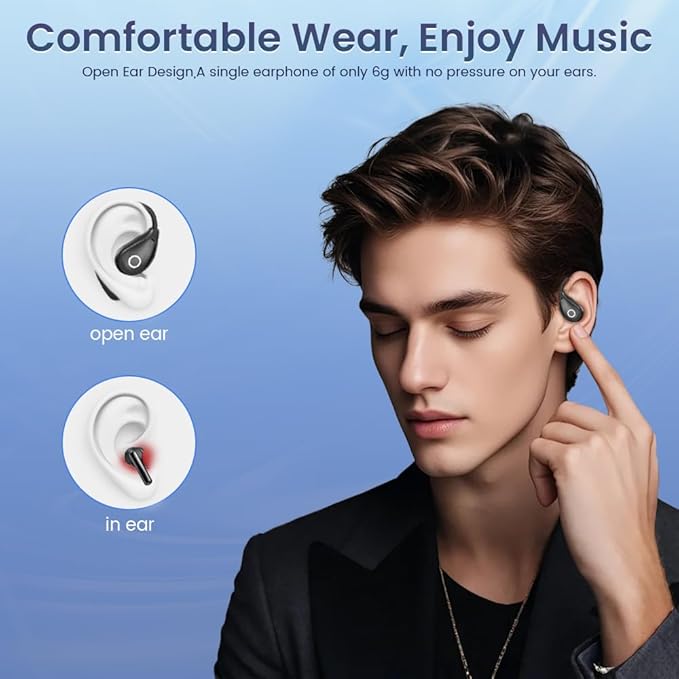 Open Ear Earbuds Wireless Bluetooth Headphones, 60Hrs Playtime Stereo Sound Earphones with IPX7 Waterproof Ear Buds, Ideal for Fitness, Travel - Black