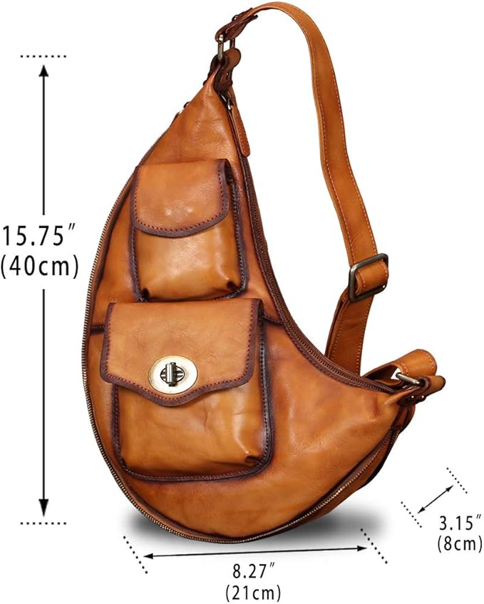 Genuine Leather Large Sling Bag for Men and Women Vintage Real Leather Sling Backpack Shoulder Crossbody Bag Chest Bag