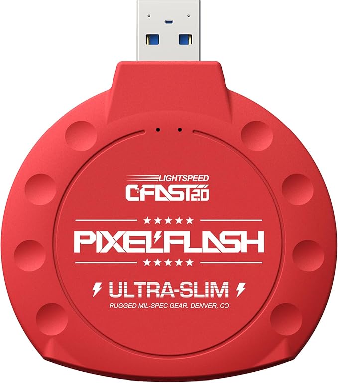 PixelFlash CFast 2.0 Card Reader (Red) - Memory Card Adapter with USB 3.0, 500Mb/s File Transfer, Ultra-Slim & Anti-Slip Rubber Shell, Compatible with Most Brands & OS