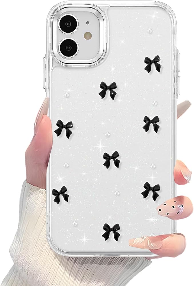 EYZUTAK Case for iPhone 11, Bling Glitter 3D Bowknot Phone Case Cute Sparkly Crystal Clear Bow Aesthetic Design Case Slim Soft Durable TPU Transparent Protective Cover for Women Girl - Black Bow