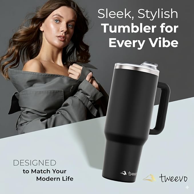 40 oz Tumbler With Handle and Straw Made of Stainless Steel - Double Wall Vacuum Insulated Tumbler With Lid - Sweat Proof Easy Grip, BPA-Free, Dishwasher Safe Tumbler (Black)