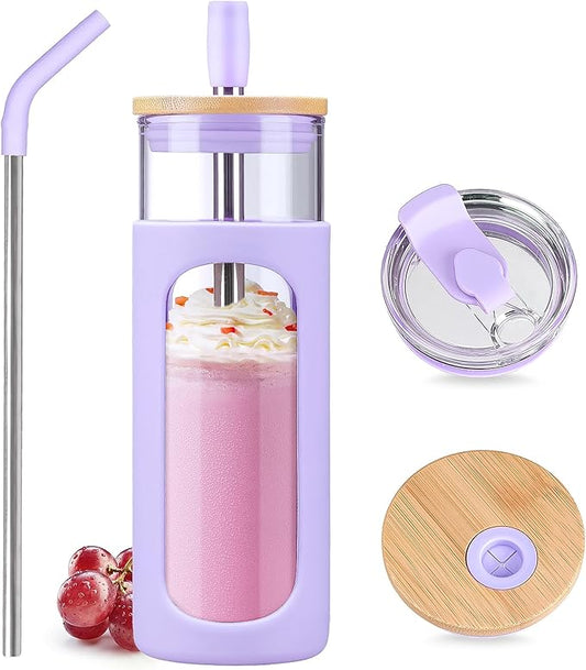 Kodrine 24oz Glass Tumbler with 2 Lids and Straws, Glass Cup With Bamboo Lid and On-the-go Lid, Reusable Iced Coffee Cup, Ideal for Smoothie, Cold Drinks, Fit Cup Holder, BPA Free (1, Purple)