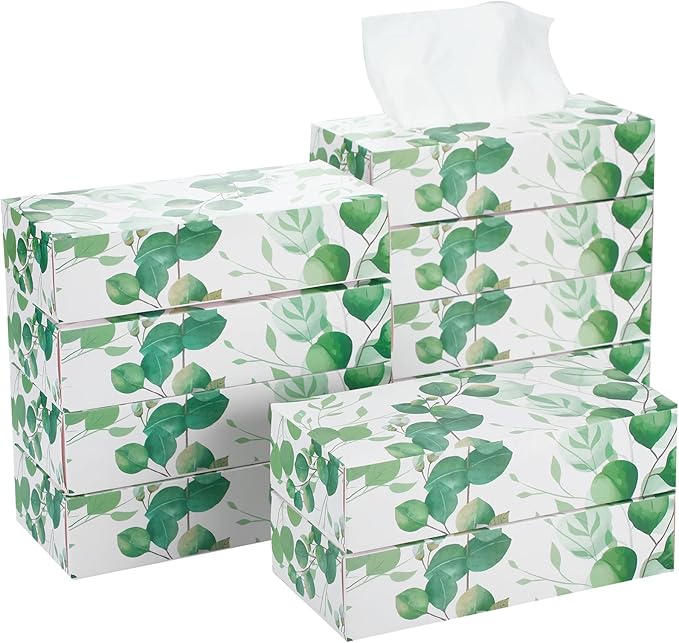 Thenshop 12 Packs Facial Tissues Boxes Bulk Soft Facial Tissues 2 Ply Box Green Eucalyptus Leaves Facial Tissues Boxes Smooth Flat Box of Tissues 120 Tissues Per Box, 1440 Total for Home Office Store