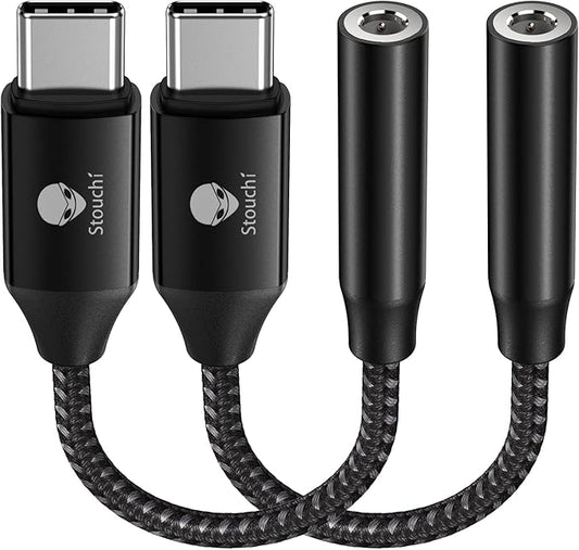 Stouchi USB C to 3.5mm Audio Adapter (2 Packs) Type C Headphone Dongle Jack Cable Cord Hi-Fi DAC Chip for iPhone 17/16 /15, Pixel 9/8 /7/6, iPad, Samsung Galaxy S25 S24 S23 Ultra -Black