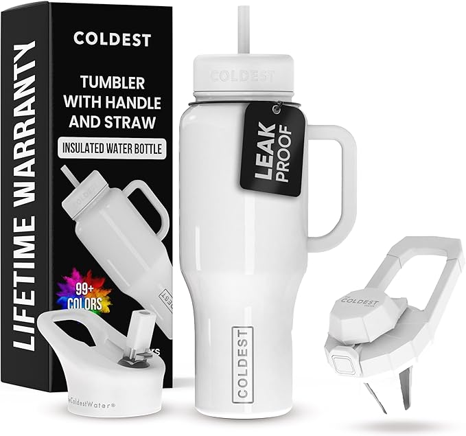 Coldest Tumbler with Handle and Straw - 100% Spill Proof Tumbler with Straw (3 Lids) - Stainless Steel Insulated Leakproof Tumblers for Women & Men - 36 oz (Snow Reflections)