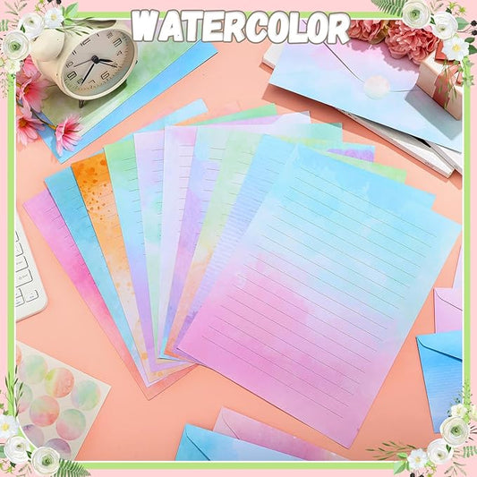 TaoBary 160 Pcs Stationery Paper Set 50 Double Sided Stationery Papers with 50 Matching Envelopes and 60 Round Dot Sticker, 10 Design(Watercolor,8.5 x 11 Inch)