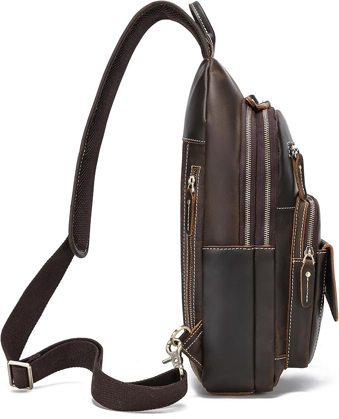 LANNSYNE Full Grain Leather Casual Sling Bag For Men Hiking/Travel/Business Crossbody Chest Bag Fits 12.9" iPad