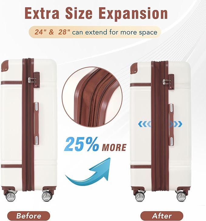 Merax Suitcase Set 24 inches Expandable Luggage with TSA Lock Spinner Wheels Hardshell Lightweight Vintage Luggage with Travel Bag,White