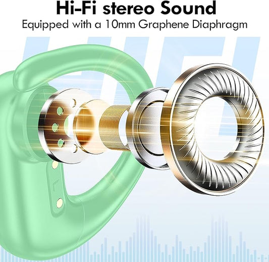 kurdene Wireless Earbuds Bluetooth Headphones Sport,Over Ear Buds with Deep Bass Sound,60Hrs Playtime Earphones Redesigned Comfort Fit with Earhooks for Running,Meeting,Workout-Mint Green