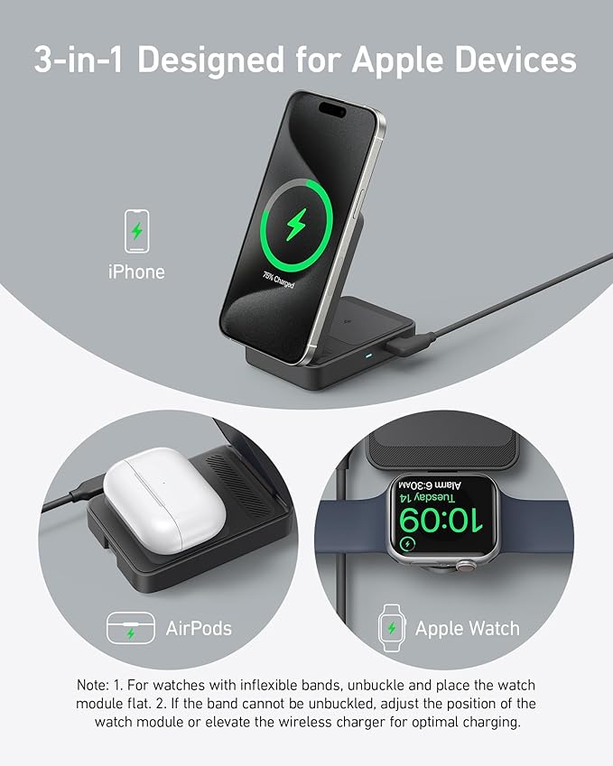 Anker MagGo 3 in 1 iPhone 17 Charging Station, MagSafe-Compatible Wireless Charger Stand, Qi2 Certified 15W Foldable Charger for iPhone 17/16/15/14/13/12, AirPods, Apple Watch Ultra(Adapter Included)