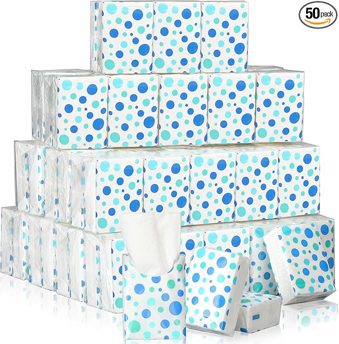 Ctosree 50 Pack Pocket Tissues Travel Packs Bulk 500 Sheet Small Tissues Pocket Packs 3 Ply Mini Travel Size Individual (Blue Random Dots)