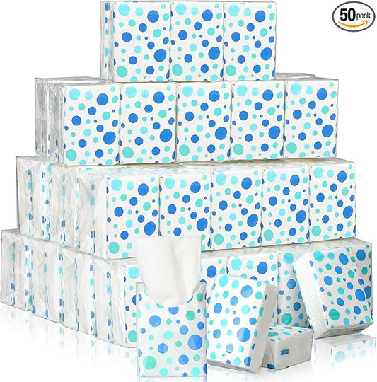 Ctosree 50 Pack Pocket Tissues Travel Packs Bulk 500 Sheet Small Tissues Pocket Packs 3 Ply Mini Travel Size Individual (Blue Random Dots)
