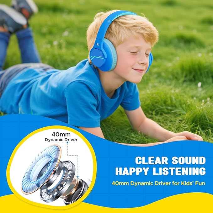 Nova1Lite Kids Wireless Active Noise Cancelling Headphones, Bluetooth 5.3, Safe Volume 74/85/94dB, Real 40H Battery, Type-C Fast Charging, Built-in Mic for School Travel Airplane, Blue