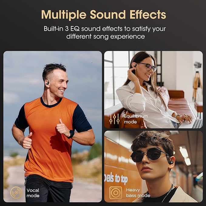 Open Ear Headphones, Bluetooth 5.4 Wireless Headphones with Earhook, Stereo Sound by Runway-Type Speaker, 3 EQ Modes, 48H Play, Lightweight, Comfort Wireless Earbuds for Running Sport Workout (Black)