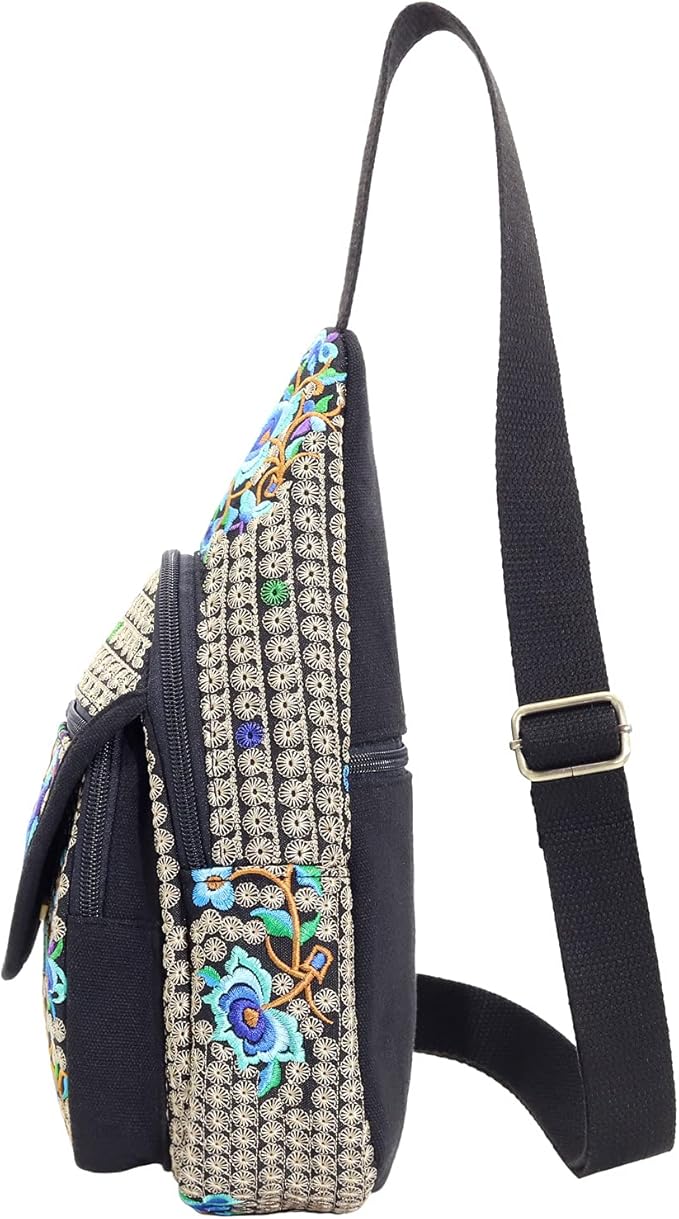 SILKAREA Embroidered Boho Small Sling Bag for Women Travel Chest Bag Crossbody Backpack Purse Shoulder Bag (Blue)