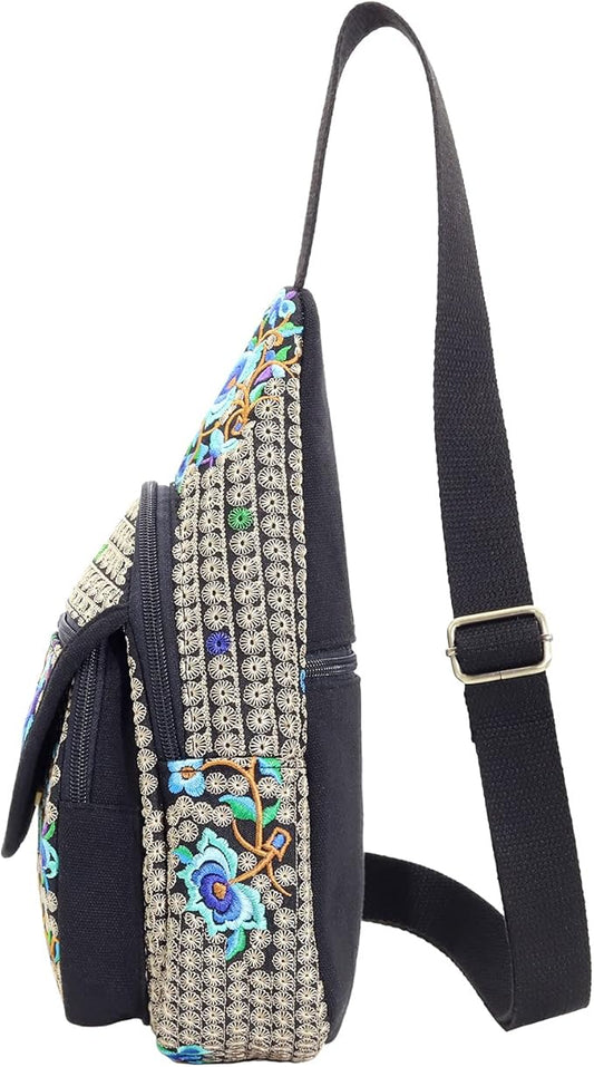SILKAREA Embroidered Boho Small Sling Bag for Women Travel Chest Bag Crossbody Backpack Purse Shoulder Bag (Blue)