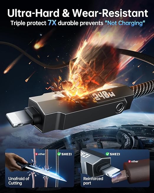 SHEZI Nylon Braided 4 in 1 USB C Cable 240W 5FT Compatible with Lightning Cable, Fast Charging for iPhone/iPad Charger Cord [480Mbps Data Sync],Multi Charging Cable with Type C/USB A, Grey