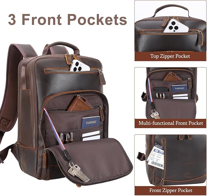 TIDING Full Grain Leather Backpack for Men, Vintage 15.6 Inch Laptop Bag Casual Bookbag Work Business Daypacks
