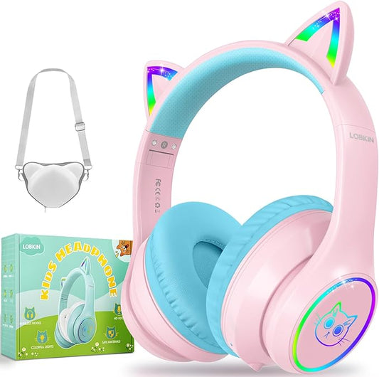LOBKIN Kids Bluetooth Headphones,Over Ear Kids Headphones Wireless with Mic 50H Playtime Colorful LED Lights AUX Cord 94dB Safe Volume Limited Foldable Design for Boy Girl Travel/School/iPad