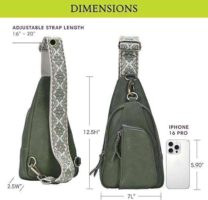 Antik Kraft Tasha Webbing Strap Sling (Moss) | Vegan Leather Crossbody Bag for Women with 16-20" Strap | Sling Bags for Women with Durable Antique Brass Hardware | 7in x 2.5in x 12.5in |