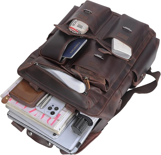 Polare Cowhide Leather Multiple Laptop Backpack Day pack Travel Bag Satchel with YKK Metal Zippers