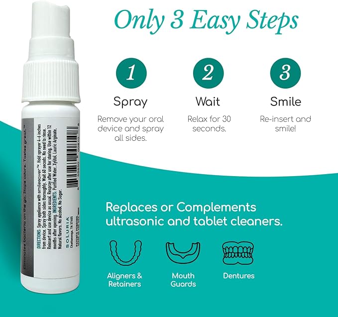 Smilesaver Retainer Cleaner - A Clean Label, Safe, 30 Sec Spray Cleaner for Retainers, Invisalign, Dentures. Minty Taste. Portable. Convenient. No Rinsing. Protects Oral Health. (1oz) (Pack of 6)