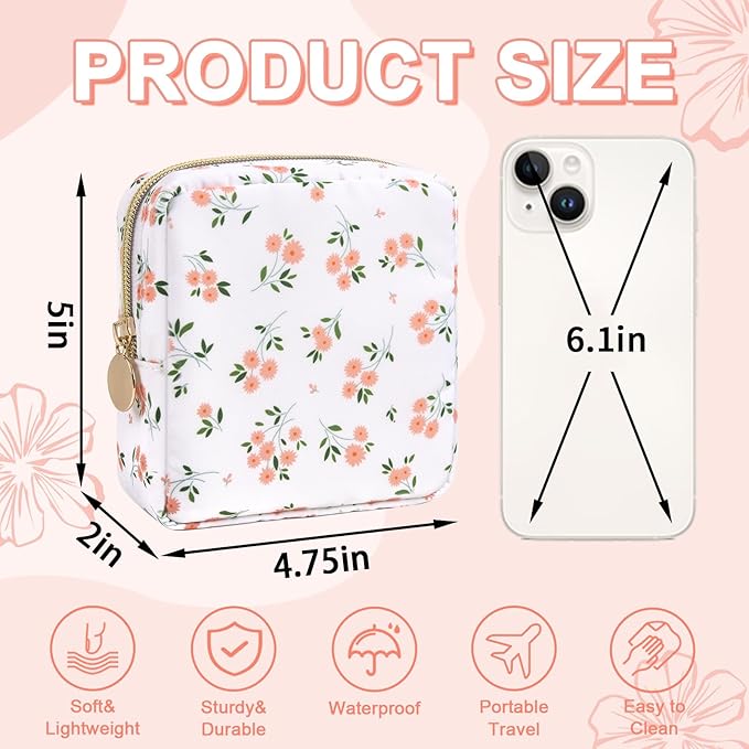 Waterproof Mini Floral Makeup Bag Pouch for Purse,Nylon Flower Cosmetic Travel Bag Small Preppy Toiletry Organizers Bag for Women Girl,Cute Zipper Pouch Coin Purse for Work(Mini White-Flowers)