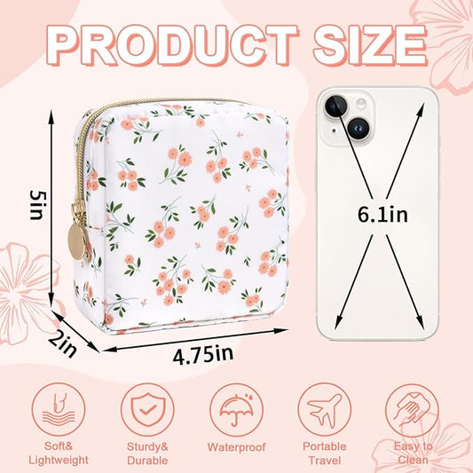 Waterproof Mini Floral Makeup Bag Pouch for Purse,Nylon Flower Cosmetic Travel Bag Small Preppy Toiletry Organizers Bag for Women Girl,Cute Zipper Pouch Coin Purse for Work(Mini White-Flowers)