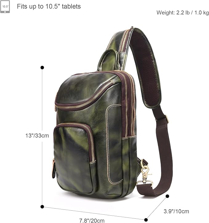 LANNSYNE Vintage Full Grain Leather Sling Bag Crossbody Chest Daypack