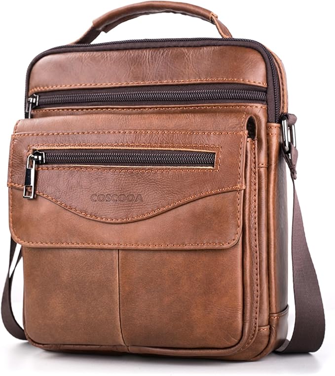 Men's Leather Crossbody Shoulder Bag - Messenger Satchel Travel Handbag