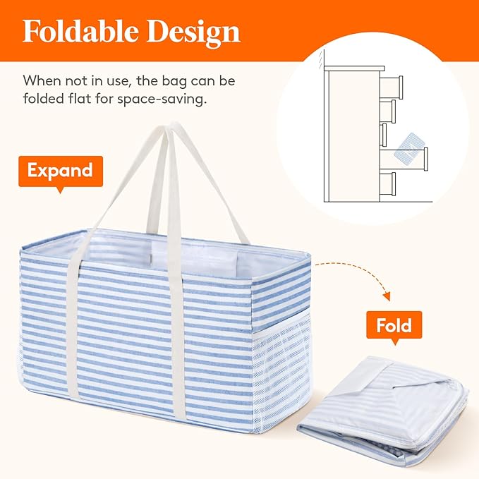 Lifewit Extra Large Tote Bag, Reusable Grocery Bags with Metal Wire Frame and Handles, Standing Utility Foldable Shopping Bags for Storage, Picnics, Beach, Pool, Laundry, Car 2 Packs 46L Blue and Pink