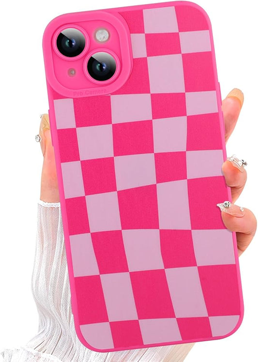 ZIYE for iPhone 15 Plus Case Hot Pink Grids Plaid Checkerboard Pattern Phone Case with Camera Protection,Soft TPU Silicone Rubber Protective Cover Grid Checkered Chess Design Cases