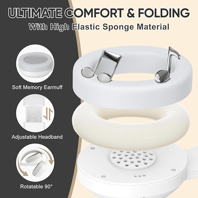 SDLOGAL Wireless Over Ear Headphones, Personalized Music & Game Audio, Wireless BT5.4 Headphones with Microphone, Up to 40 Hours Battery Life, Foldable & Lightweight - White