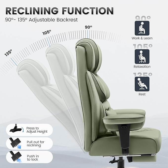Office Desk Chair, Big and Tall Leather Gaming Chair with Footrest, Wide Ergonomic Comfy Executive High-Back Reclining Computer Chairs, Swivel Rolling Wheels and Padded Lumbar Support, Green