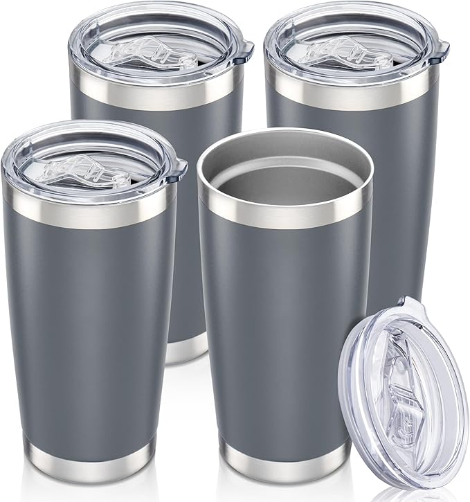 20 oz Tumbler with Lid Stainless Steel Insulated Tumblers Bulk Double Wall Vacuum Cups Powder Coated Travel Mug Keep Drinks Cold and Hot, Grey, 4 Pack