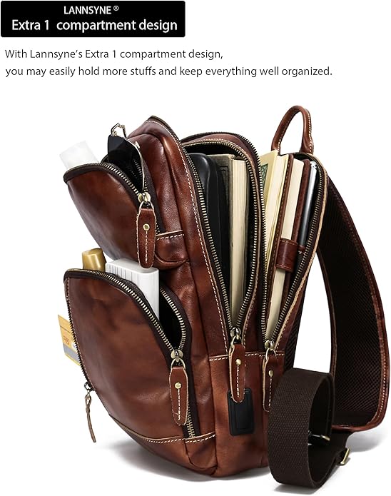 LANNSYNE Full Grain Leather Sling Bag For Men Crossbody Chest Daypack fits 10.5" iPad