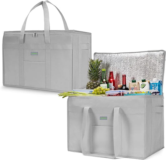 JUNGYOON 2-Pack Heavy-Duty Insulated Grocery Bags & Food Delivery Bag – Collapsible Cooler Bag with Zippered Top | Reusable Shopping Bags for Groceries, Picnics, Easy Storage(XXXL Grey)