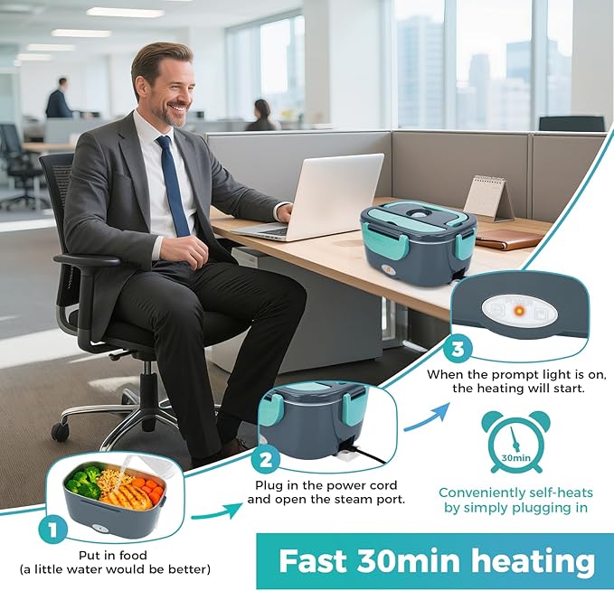 80W Electric Lunch Box for Car & Truck,12V/24V/110V Green Portable Warmer with 304 Stainless Steel Container,Ideal for Drivers & Office(Gray + Blue)