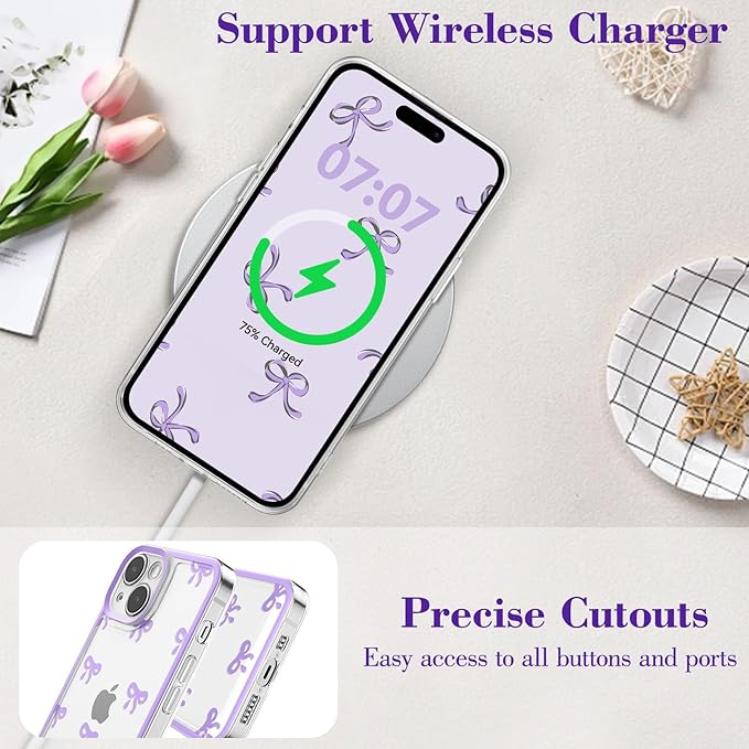 EYZUTAK Case for iPhone 13, Clear Cute Ribbon Bowknot Pattern Aesthetic Transparent Phone Case Raised Camera Protection Stylish Slim Soft Durable TPU Protective Cover for Women Girls - Purple