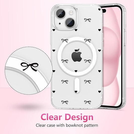 ZTOFERA for iPhone 15 Magnetic Case Clear,Cute Love Heart Ribbon Bow Tie Aesthetic Phone Case,Transparent Trendy Slim Soft Shockproof Protective Phone Cover for Women Girls,Black