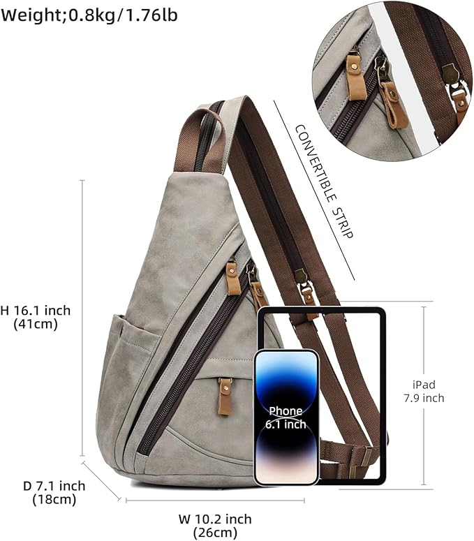 KL928 PU Leather Sling Bag - Small Crossbody Backpack Shoulder Casual Daypack Rucksack for Men Women Outdoor Cycling Hiking Travel (6881-PU-Leaden)