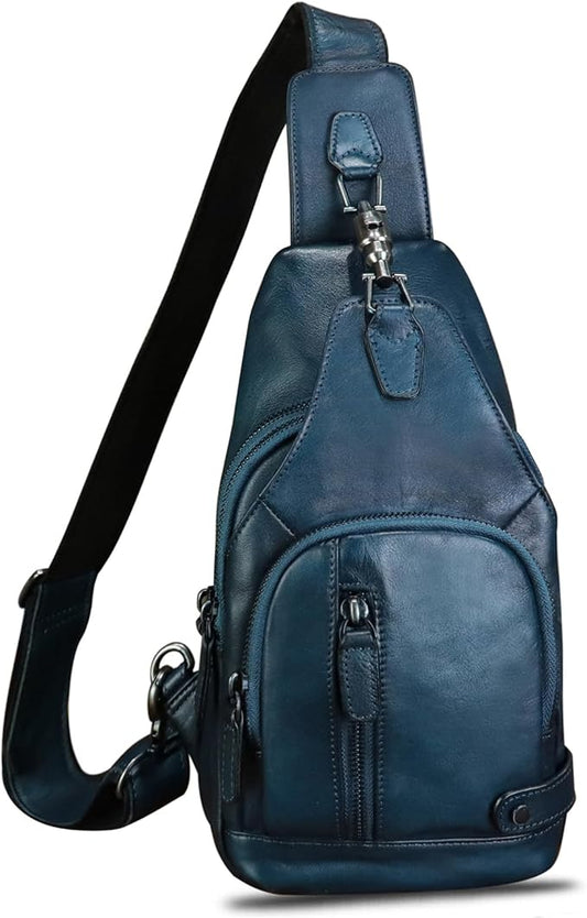 IVTG Genuine Leather Sling Bag Vintage Crossbody Shoulder Bag Handmade Casual Backpack Fanny Purse Chest Bag (NavyBlue)