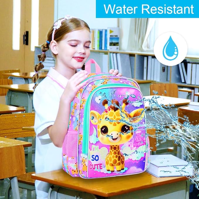 3Pcs Backpack for Girls, 16" Kids Bookbag with Lunch Box, Giraffe School Backpacks Set for Elementary Preschool Kindergarten(Pink)