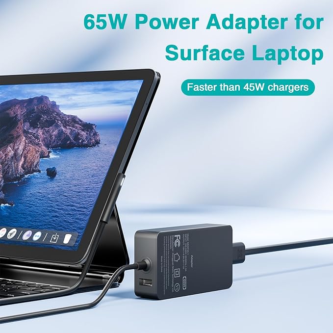 65W Charger Compatible with Microsoft Surface Pro 11, 10, 9, 8, 7+, 7, 6, 5, X, Laptop 7/6/5/4/3/2/1/Studio, Go 4/3/2/1, Book 3/2/1, Support 44W 36W, 10FT