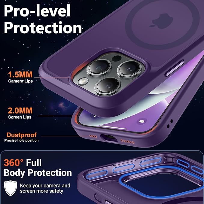 MOCCA Strong Magnetic for iPhone 14 Pro Case, [Compatible with Magsafe][13FT Military Drop Protection] Slim Translucent Matte Shockproof Case for iPhone 14 Pro Phone Case 6.1'', Deep Purple