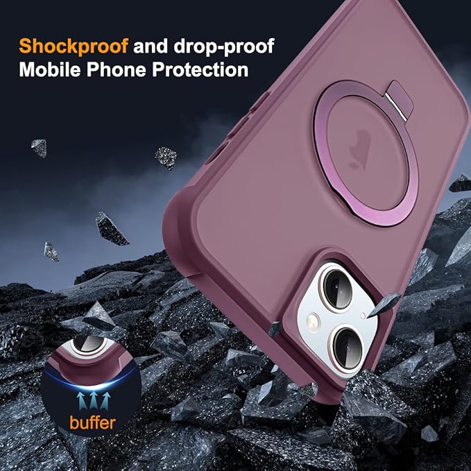 Compatible with iPhone 15 Case with Invisible Magnetic O-Ring Stand Military-Grade Translucent Case for iPhone 15 6.1" [Compatible with Mag-Safe][Great Grip Feeling], Wine Red