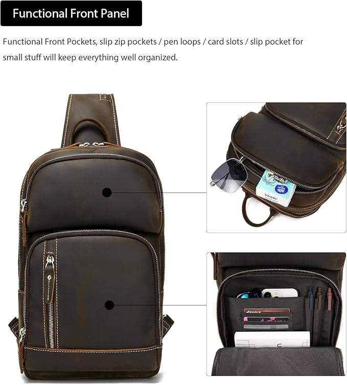 LANNSYNE Full Grain Leather Sling Bag For Men, Crossbody Bag fits 12.9" iPad Crossbody Chest Daypack
