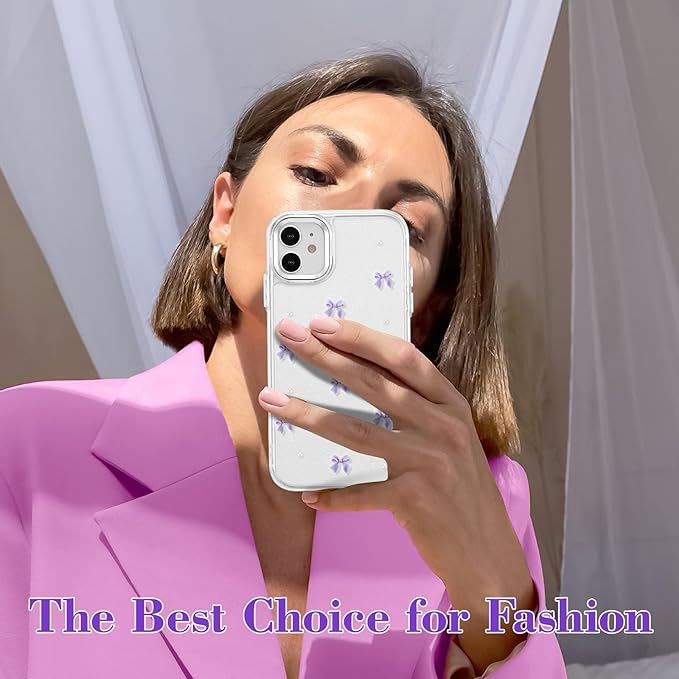 EYZUTAK Case for iPhone 12/iPhone 12 Pro, Bling Glitter 3D Bowknot Phone Case Cute Sparkly Crystal Clear Bow Aesthetic Case Slim Soft Durable TPU Transparent Protective Cover for Women Girl-Purple Bow