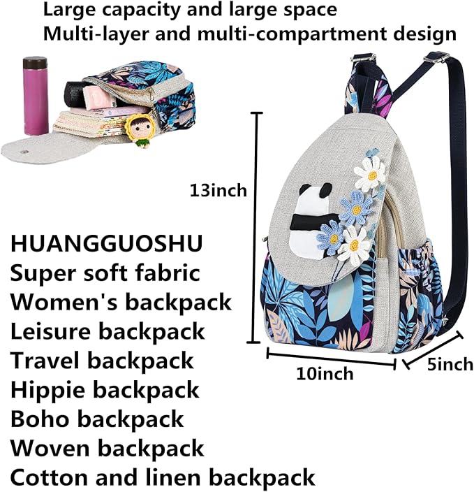 HUANGGUOSHU Women Cotton Woven Bohemian Hemp Boho Canvas Embroidery Multi Pocket Retro Cute Backpack Wallet Backpack Whimsical Cat