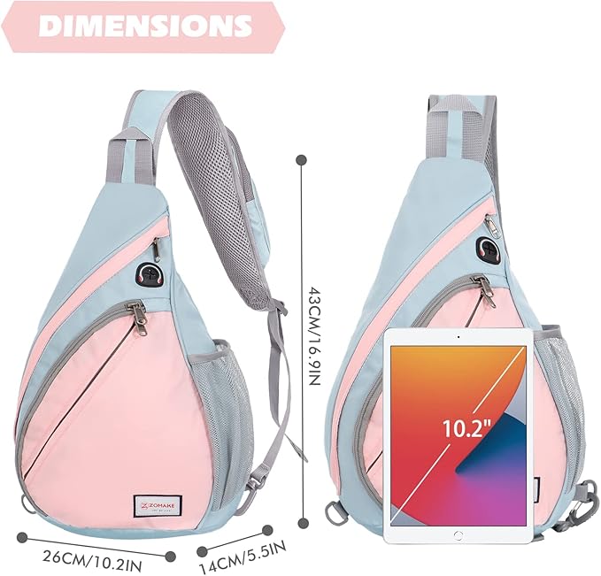 ZOMAKE Sling Bag,Small Crossbody Sling Backpack,Water Resistant Shoulder Daypack for Travel,Anti Thief Chest Bag for Hiking(Grey,Light Pink)